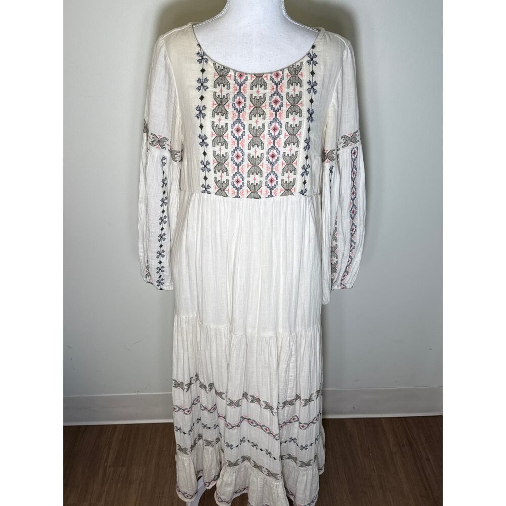 Anthropologie Off White Long Sleeve Embroidered Cotton Maxi Dress Sz 6